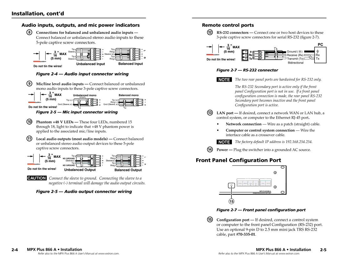 Extron electronic MPX Plus 866 A, N 60-796-01 Installation, cont’d, Front Panel Configuration Port, Remote control ports 