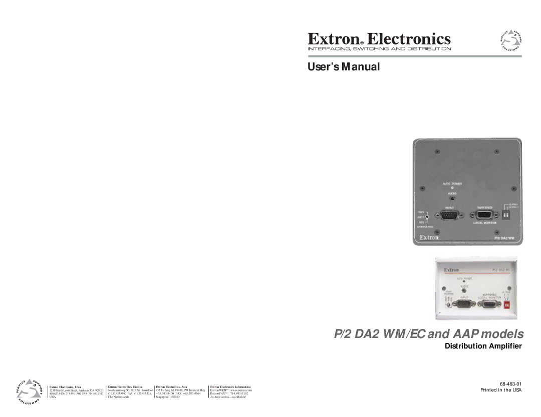 Extron electronic APP, P/2 DA 2 WM/EC user manual User’s Manual, Distribution Amplifier 