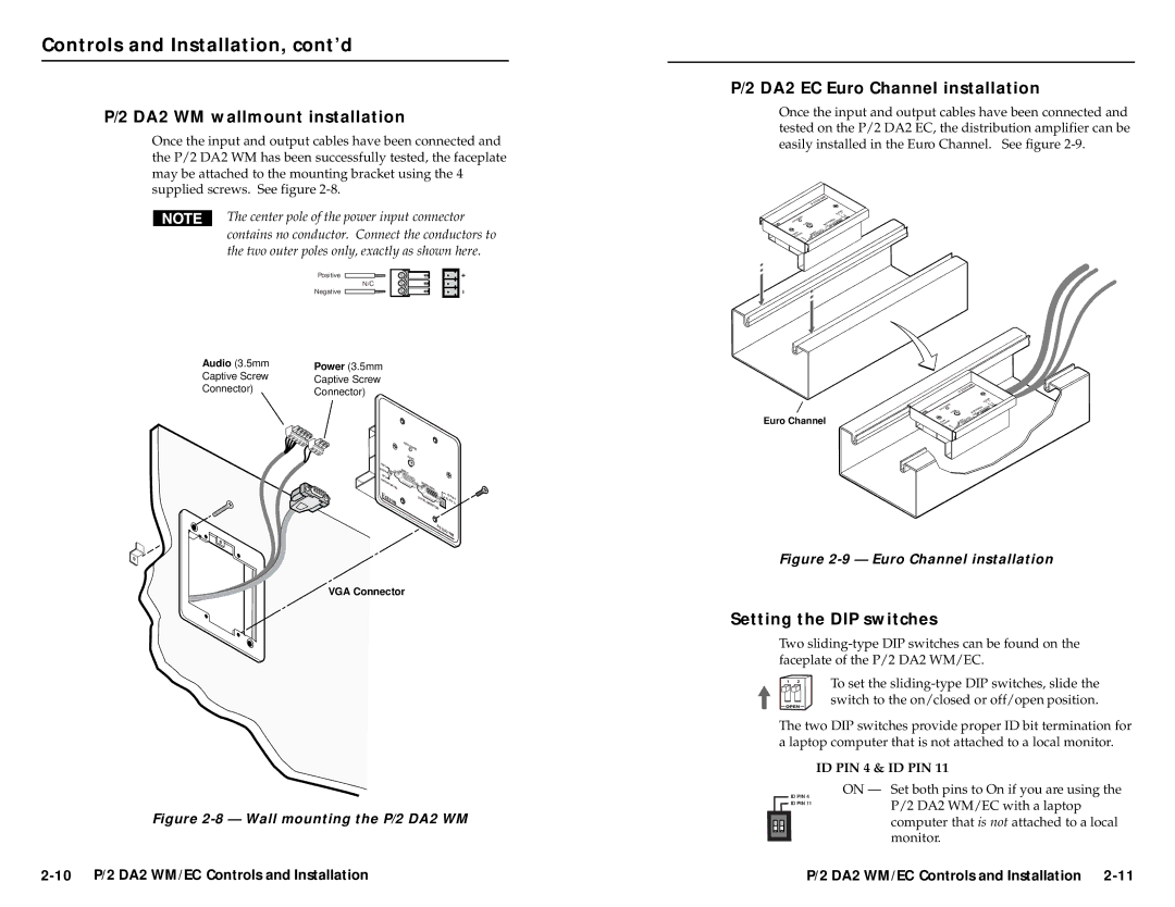 Extron electronic P/2 DA 2 WM/EC DA2 WM wallmount installation, DA2 EC Euro Channel installation, Setting the DIP switches 