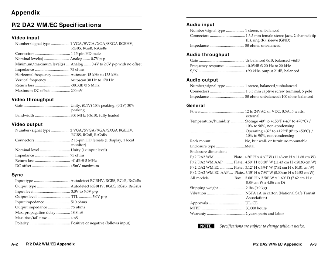 Extron electronic P/2 DA 2 WM/EC, APP user manual Appendix DA2 WM/EC Specifications 