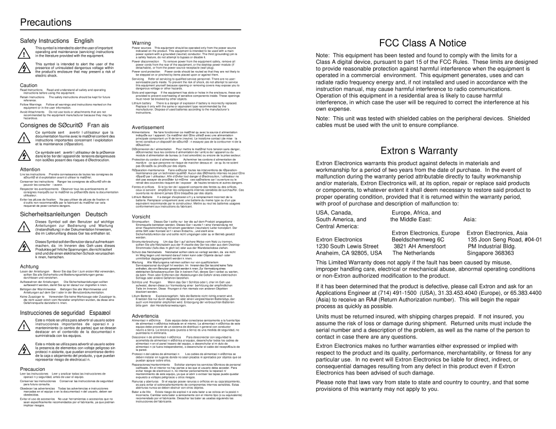 Extron electronic P/2 DA 2 WM/EC, APP user manual Precautions, FCC Class a Notice, Extron’s Warranty 