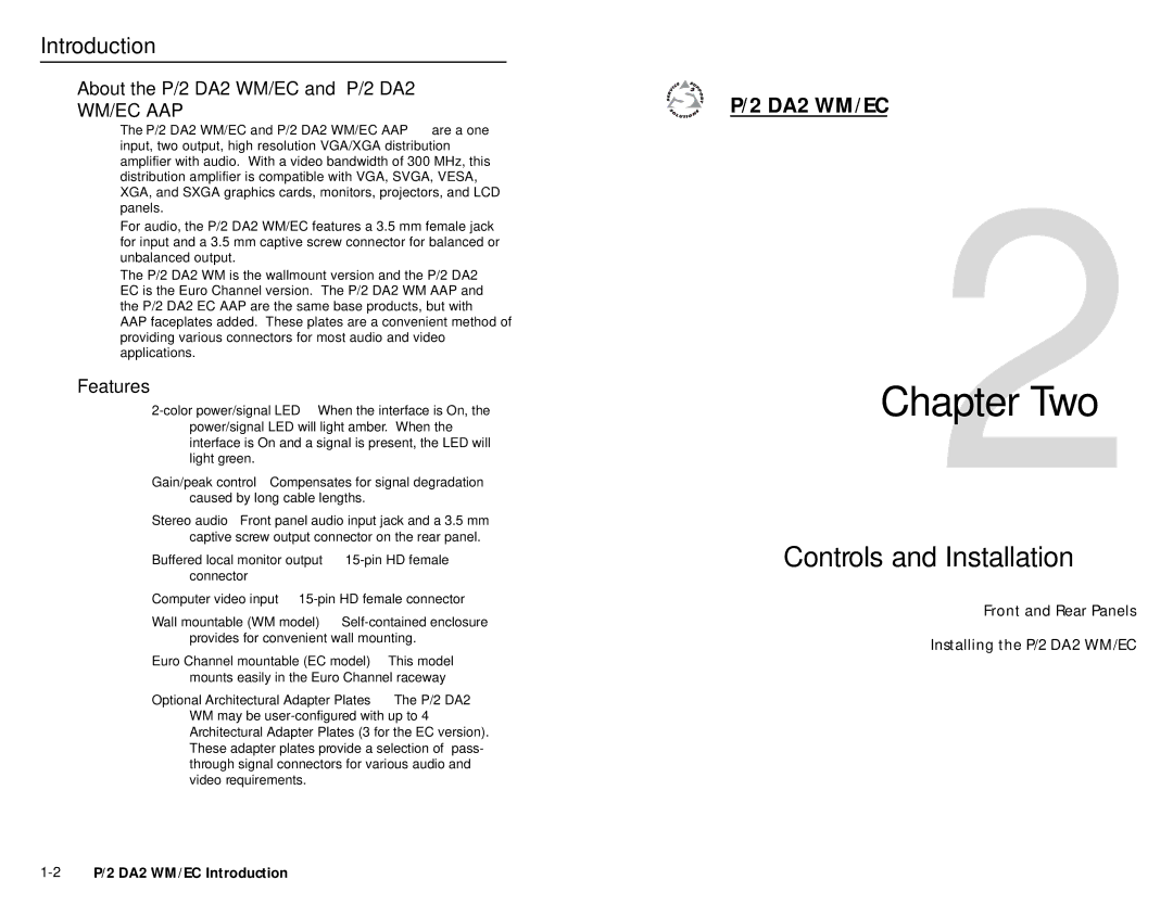 Extron electronic APP, P/2 DA 2 WM/EC user manual About the P/2 DA2 WM/EC and P/2 DA2, Features 