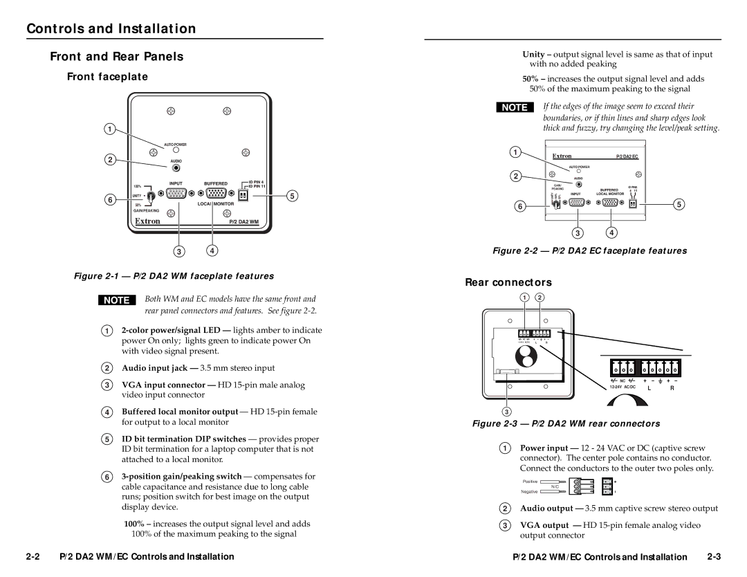 Extron electronic P/2 DA 2 WM/EC, APP Controls and Installation, Front and Rear Panels, Front faceplate, Rear connectors 