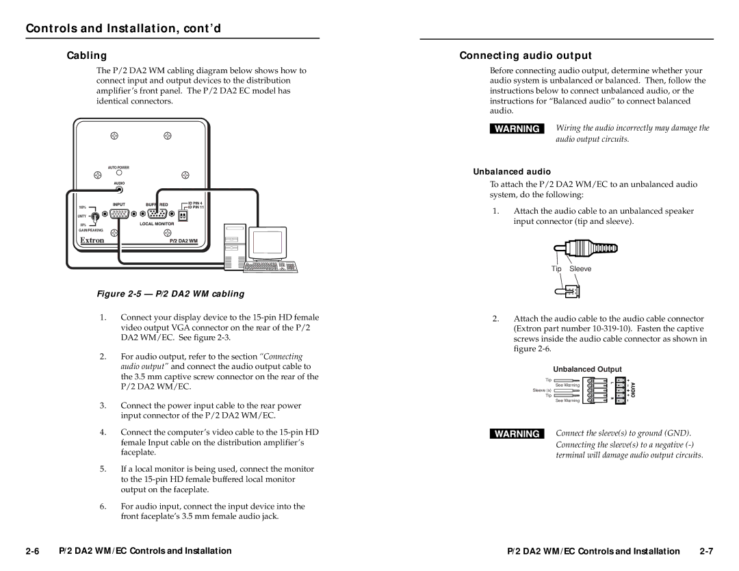 Extron electronic P/2 DA 2 WM/EC, APP user manual Controls and Installation, cont’d, Cabling, Connecting audio output 