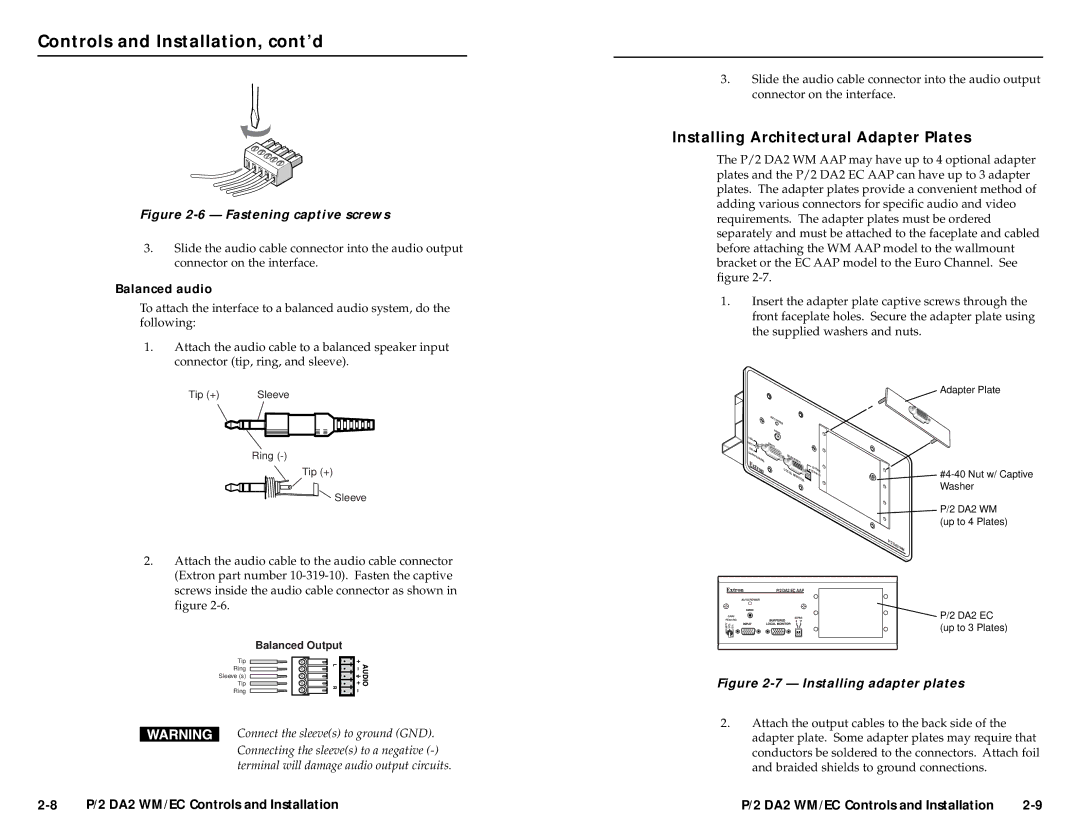 Extron electronic APP, P/2 DA 2 WM/EC user manual Installing Architectural Adapter Plates, Balanced audio 