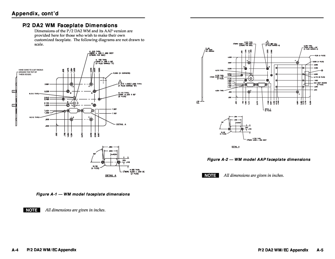 Extron electronic APP Appendix, cont’d P/2 DA2 WM Faceplate Dimensions, All dimensions are given in inches, Thru 