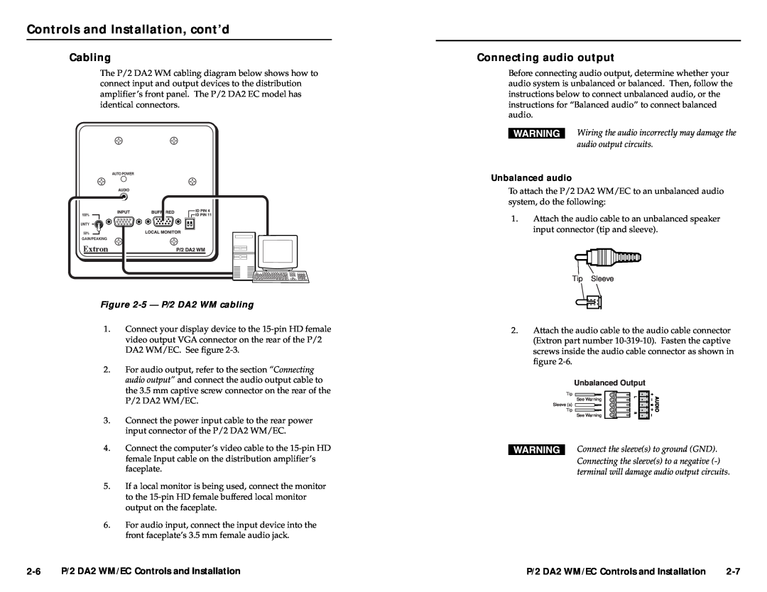 Extron electronic P/2 DA 2 WM/EC, APP user manual Cabling, Connecting audio output, 5- P/2 DA2 WM cabling, Unbalanced audio 