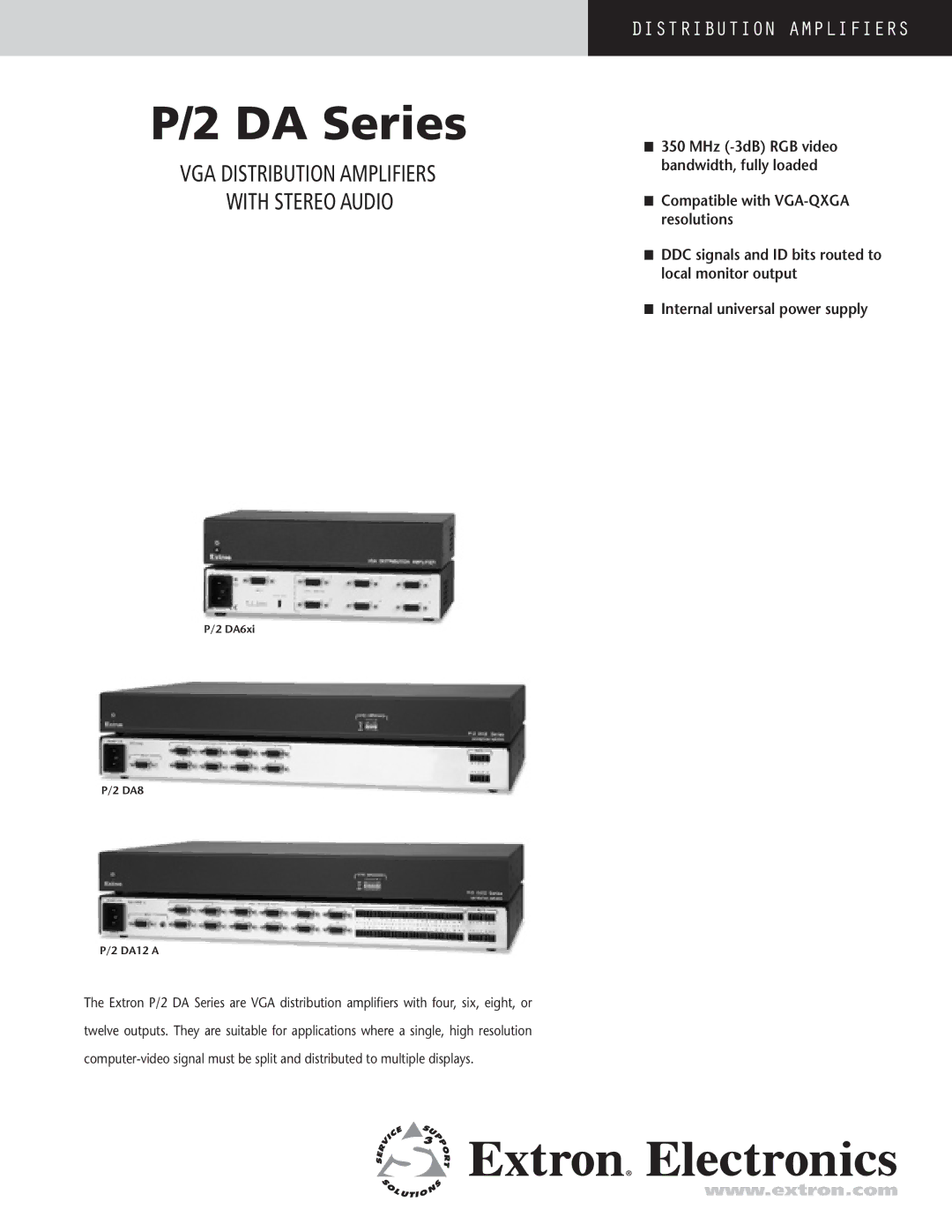 Extron electronic P/2 DA manual DA Series, Vga distribution amplifiers with stereo audio 