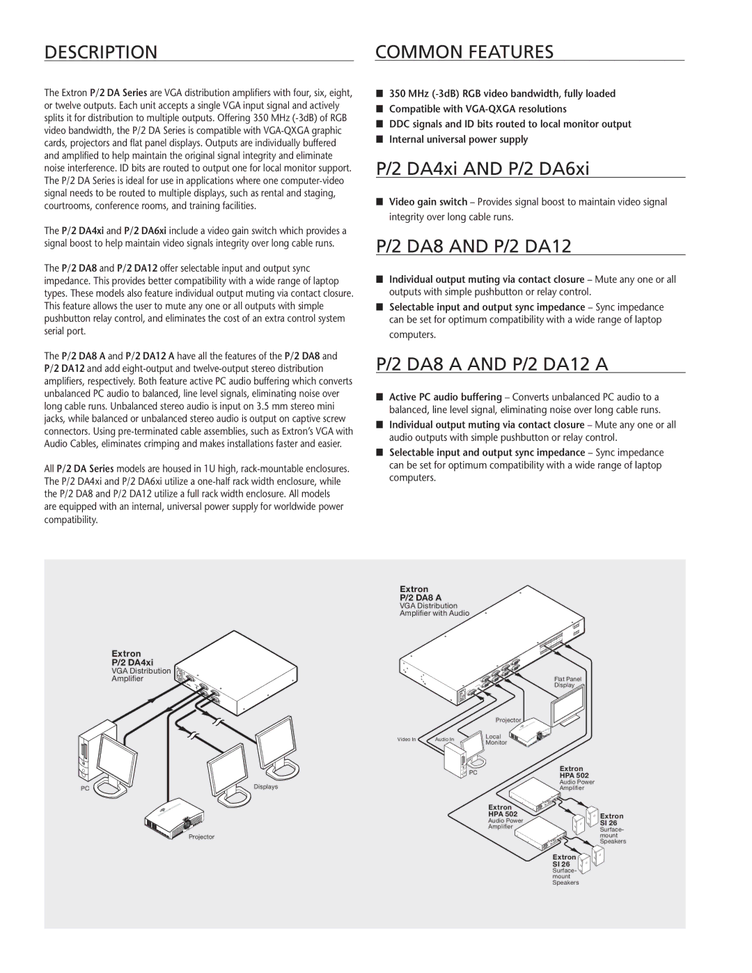 Extron electronic P/2 DA manual Description CoMMon featUres, Da4xi and p/2 da6xi, Da8 and p/2 da12, Da8 a and p/2 da12 a 