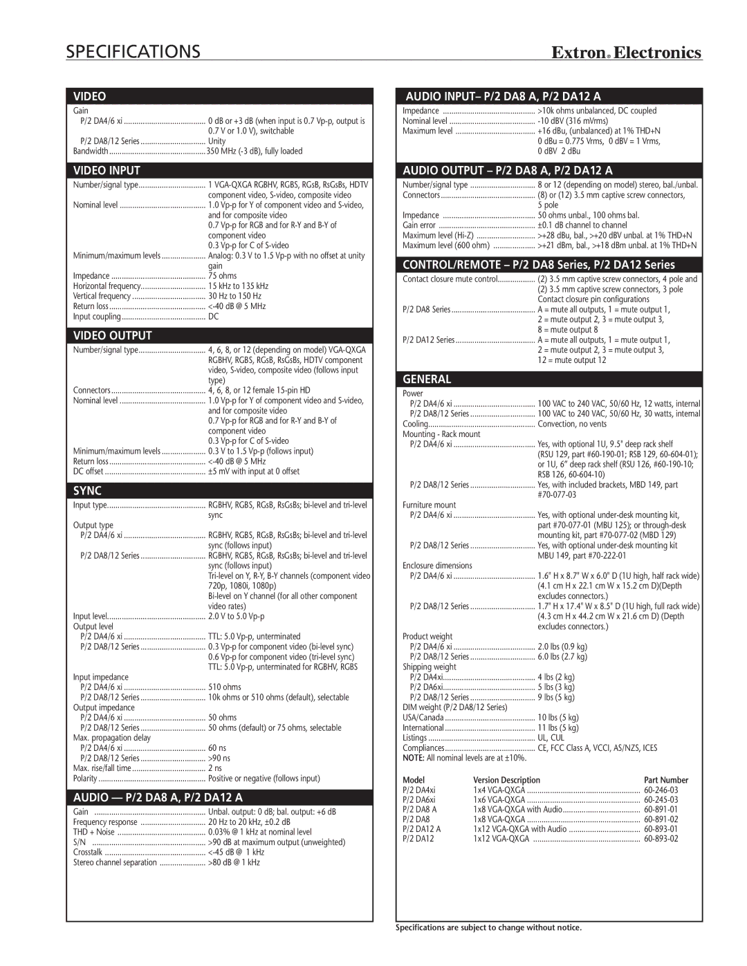 Extron electronic P/2 DA manual Specifications, Model Version Description Part Number 