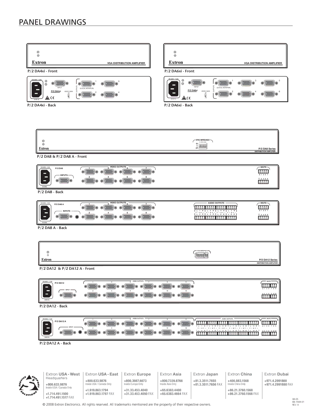 Extron electronic P/2 DA manual Panel drawings, DA12 Back 