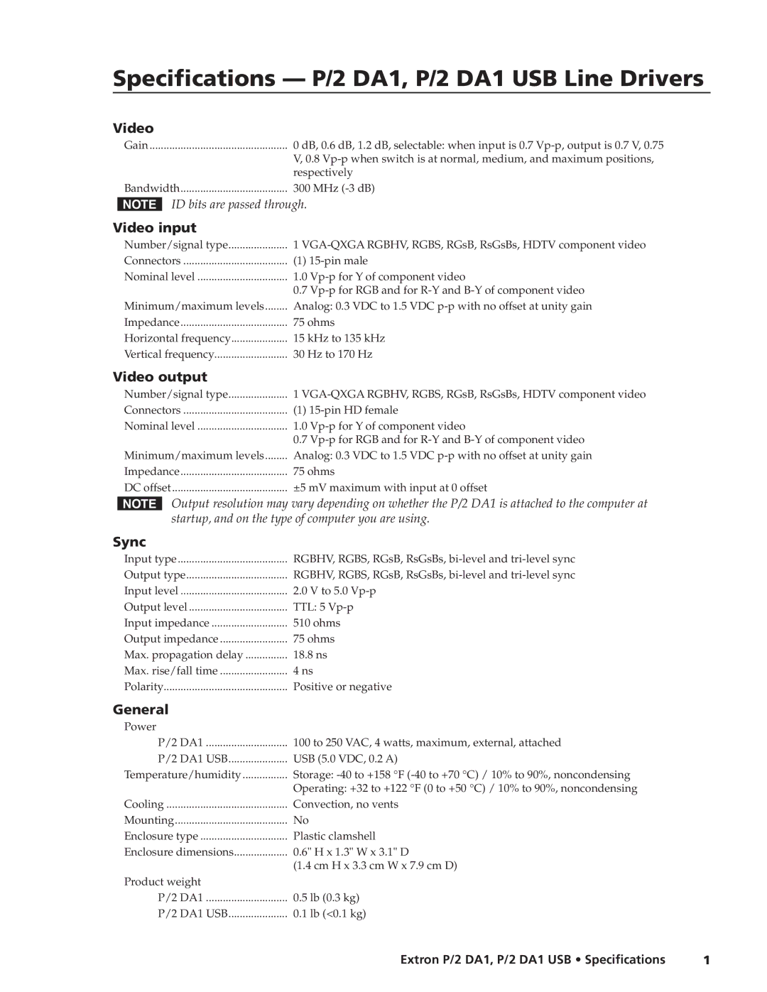 Extron electronic specifications Specifications P/2 DA1, P/2 DA1 USB Line Drivers 