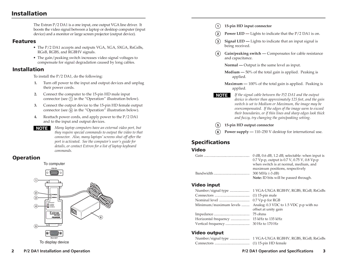 Extron electronic P/2 DA1 specifications Features, Installation, Operation, Specifications 