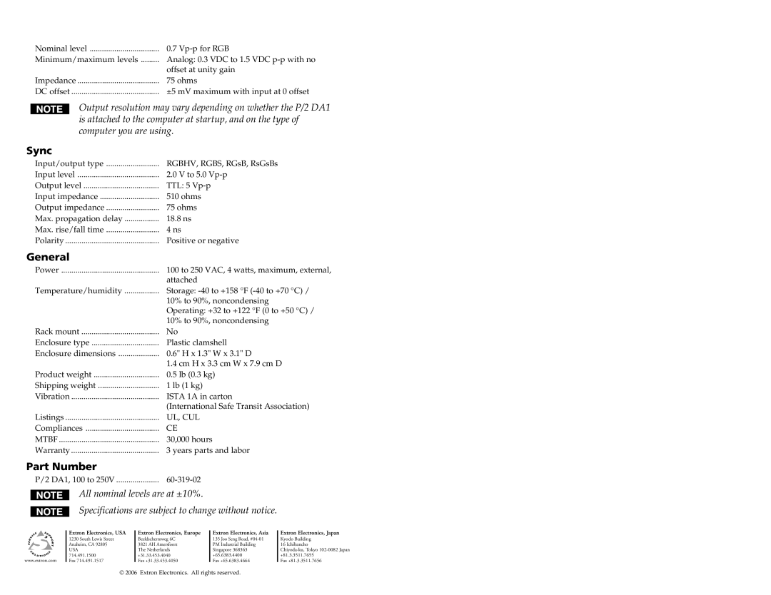 Extron electronic P/2 DA1 specifications Sync, General, Part Number 