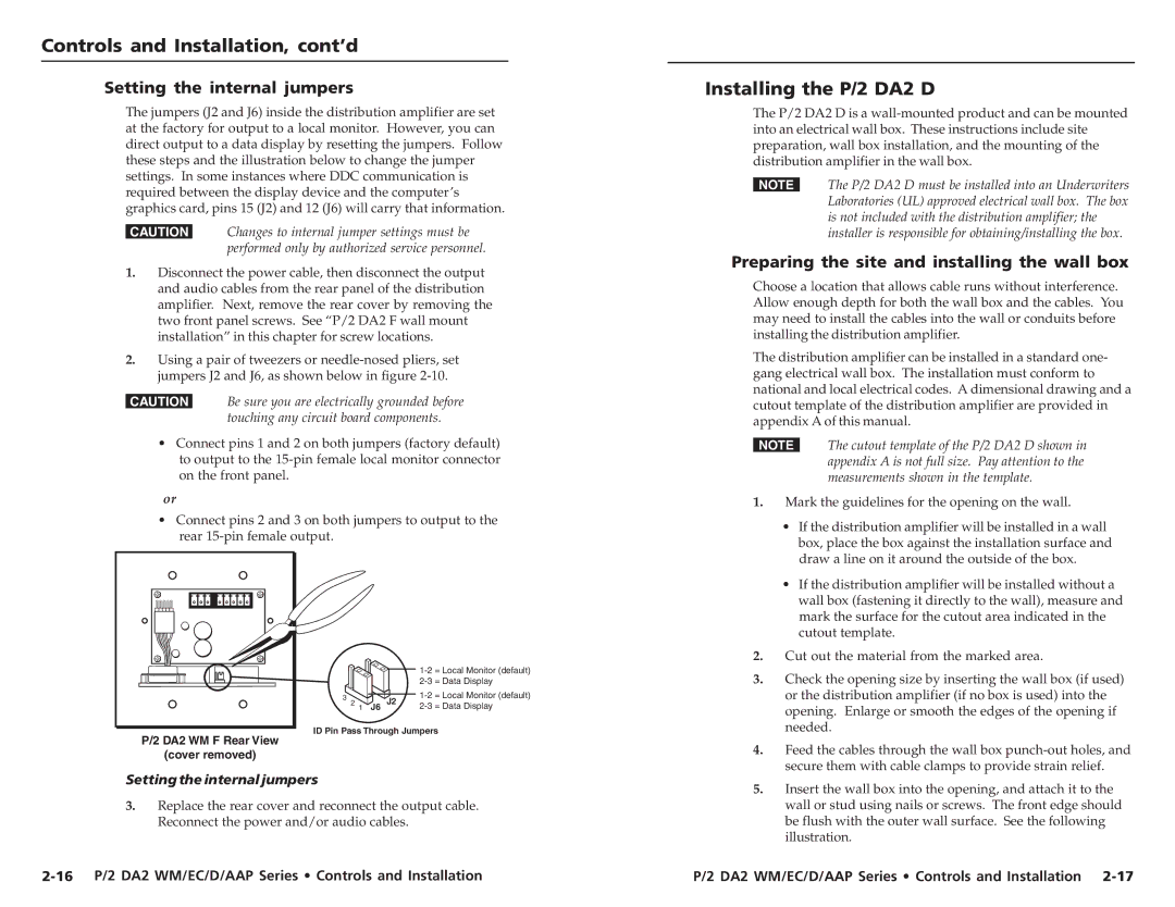 Extron electronic P/2 DA2 WM EC F, P/2 DA2 EC F user manual Installing the P/2 DA2 D, Setting the internal jumpers 