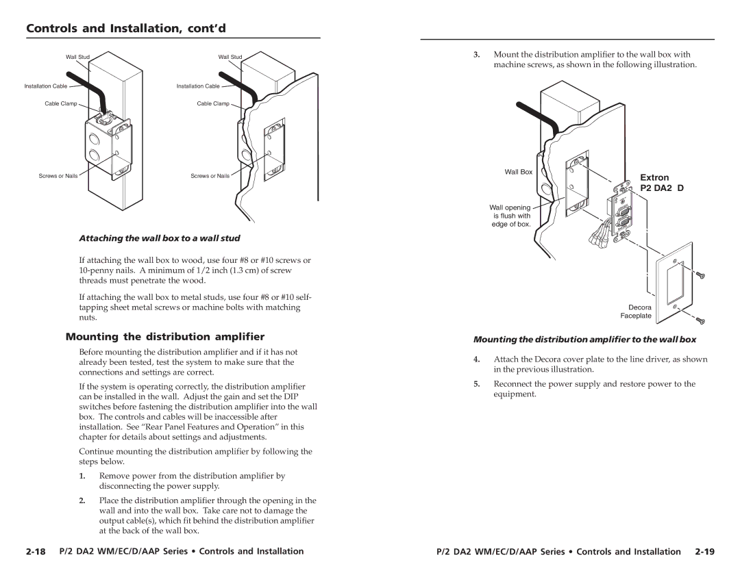 Extron electronic WM EC F, P/2 DA2 EC F Mounting the distribution amplifier, Attaching the wall box to a wall stud 