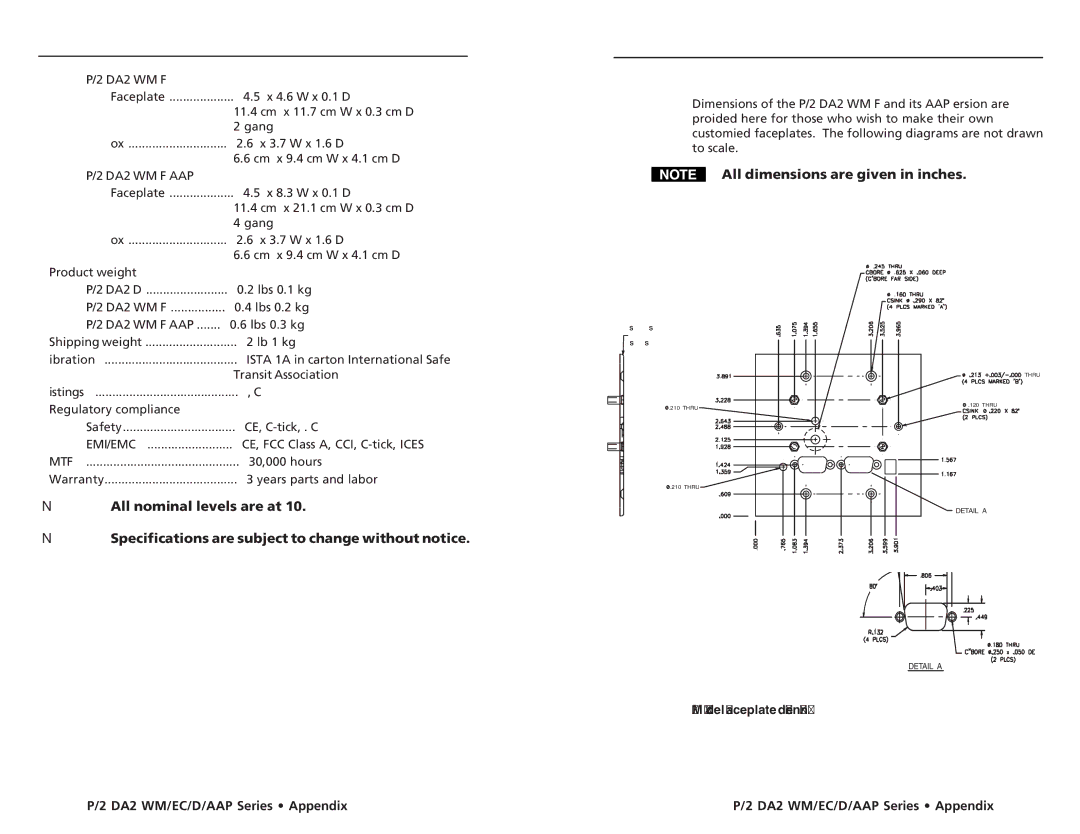 Extron electronic WM EC F, P/2 DA2 EC F Specifications, Dimensions, and Parts, cont’d, DA2 WM F faceplate dimensions 