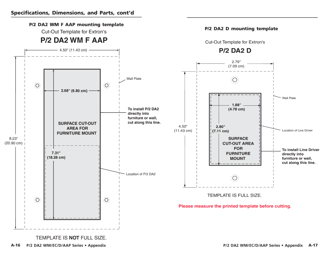 Extron electronic P/2 DA2 EC F, P/2 DA2 D, P/2 DA2 WM EC F DA2 WM F AAP mounting template, DA2 D mounting template 