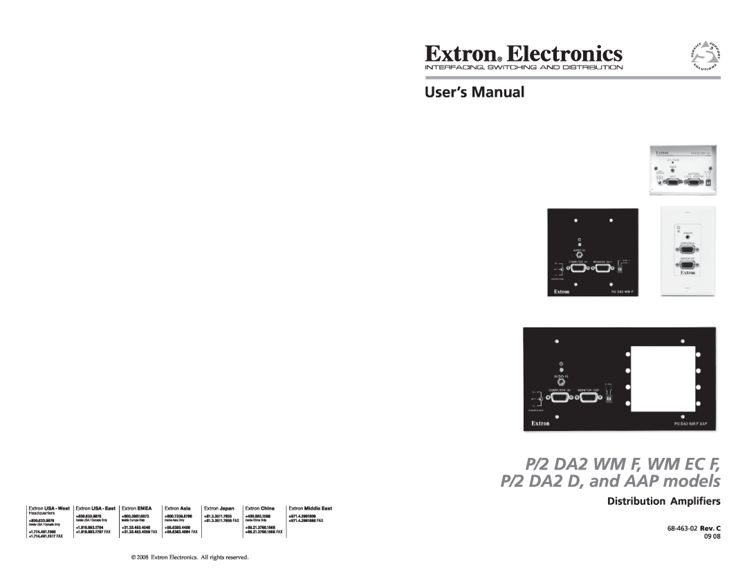 Extron electronic user manual Distribution Amplifiers, P/2 DA2 WM F, WM EC F P/2 DA2 D, and AAP models, User’s Manual 