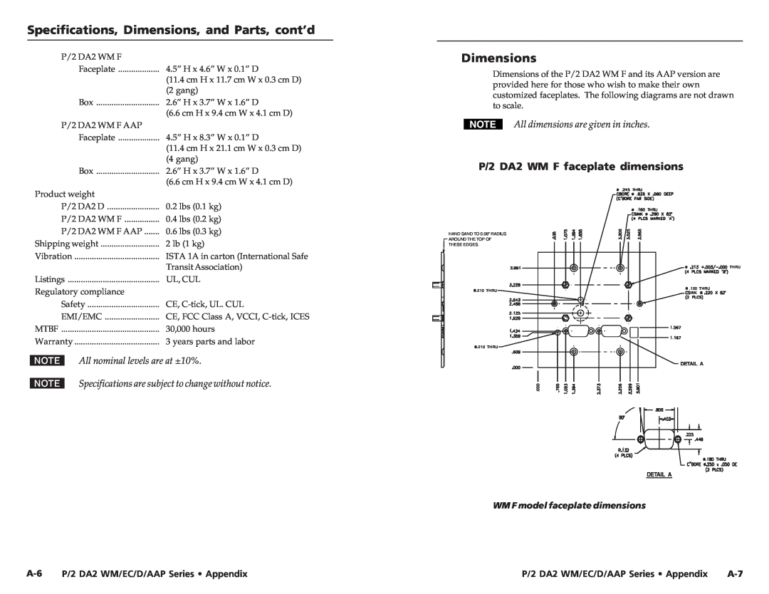 Extron electronic WM EC F, P/2 DA2 EC F Specifications, Dimensions, and Parts, cont’d, P/2 DA2 WM F faceplate dimensions 