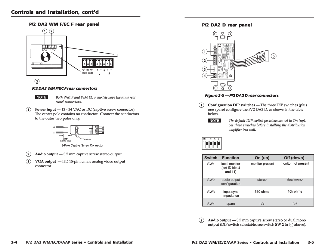 Extron electronic P/2 DA2 EC F Controls and Installation, cont’d, P/2 DA2 WM F/EC F rear panel, P/2 DA2 D rear panel 