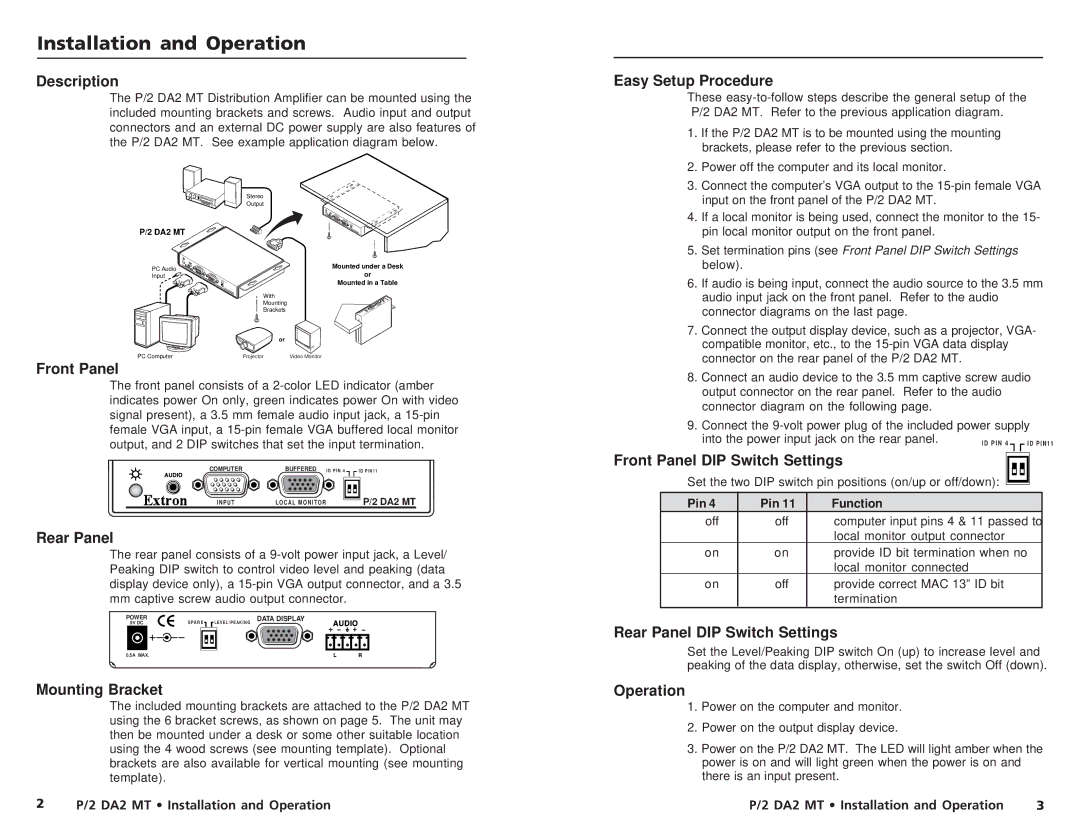 Extron electronic P/2 DA2 MT manual Installation and Operation 