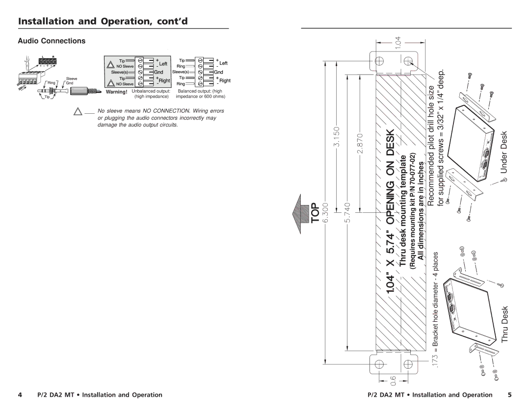 Extron electronic P/2 DA2 MT manual Installation and Operation, cont’d, Audio Connections 