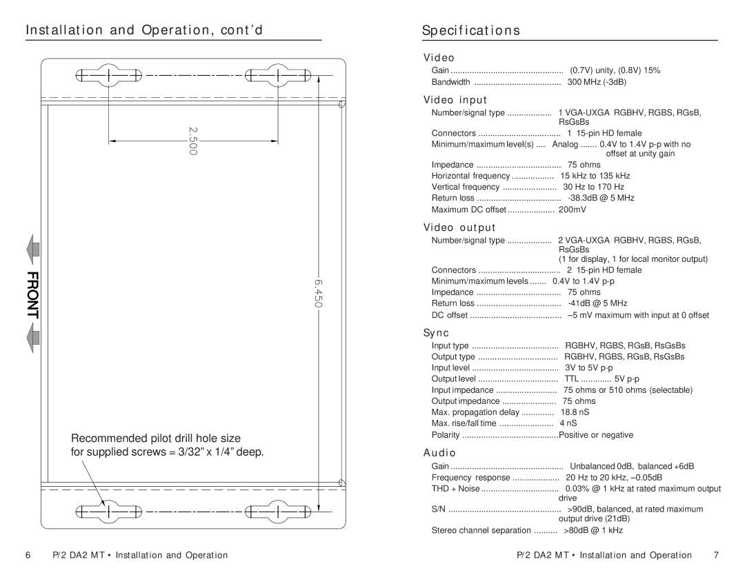 Extron electronic P/2 DA2 MT manual Specifications 