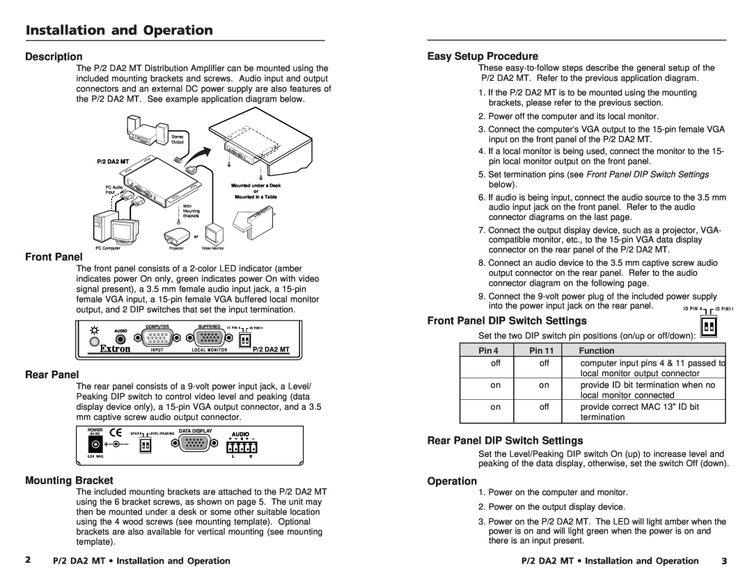 Extron electronic P/2 DA2 MT manual Installation and Operation, Description, Easy Setup Procedure, Front Panel, Rear Panel 