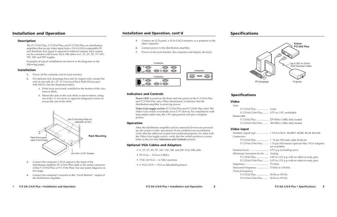 Extron electronic P/2 DA4, P/2 DA2, P/2 DA6 specifications Specifications, Installation and Operation, cont’d 