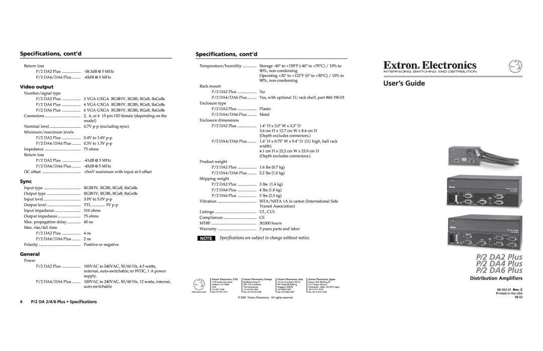 Extron electronic P/2 DA6 specifications Specifications, cont’d, Video output, Sync, General, Distribution Amplifiers 