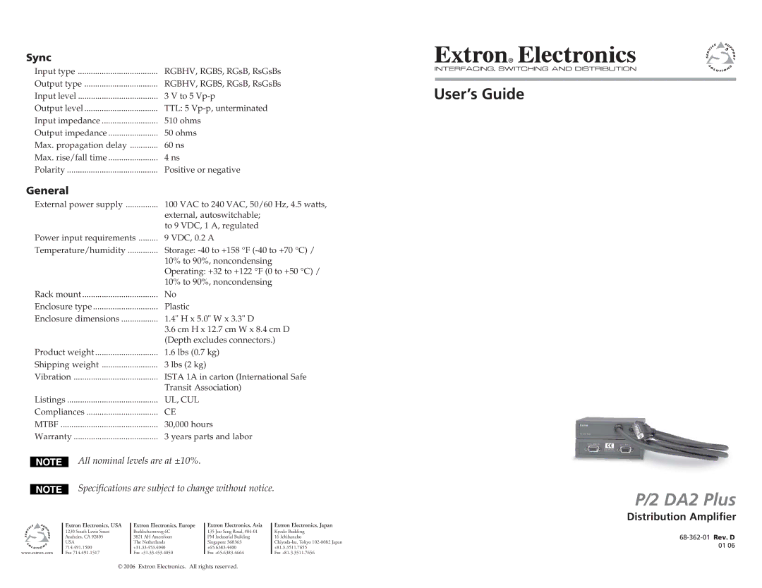 Extron electronic P/2 DA2 PLUS specifications Sync, General, Distribution Amplifier 