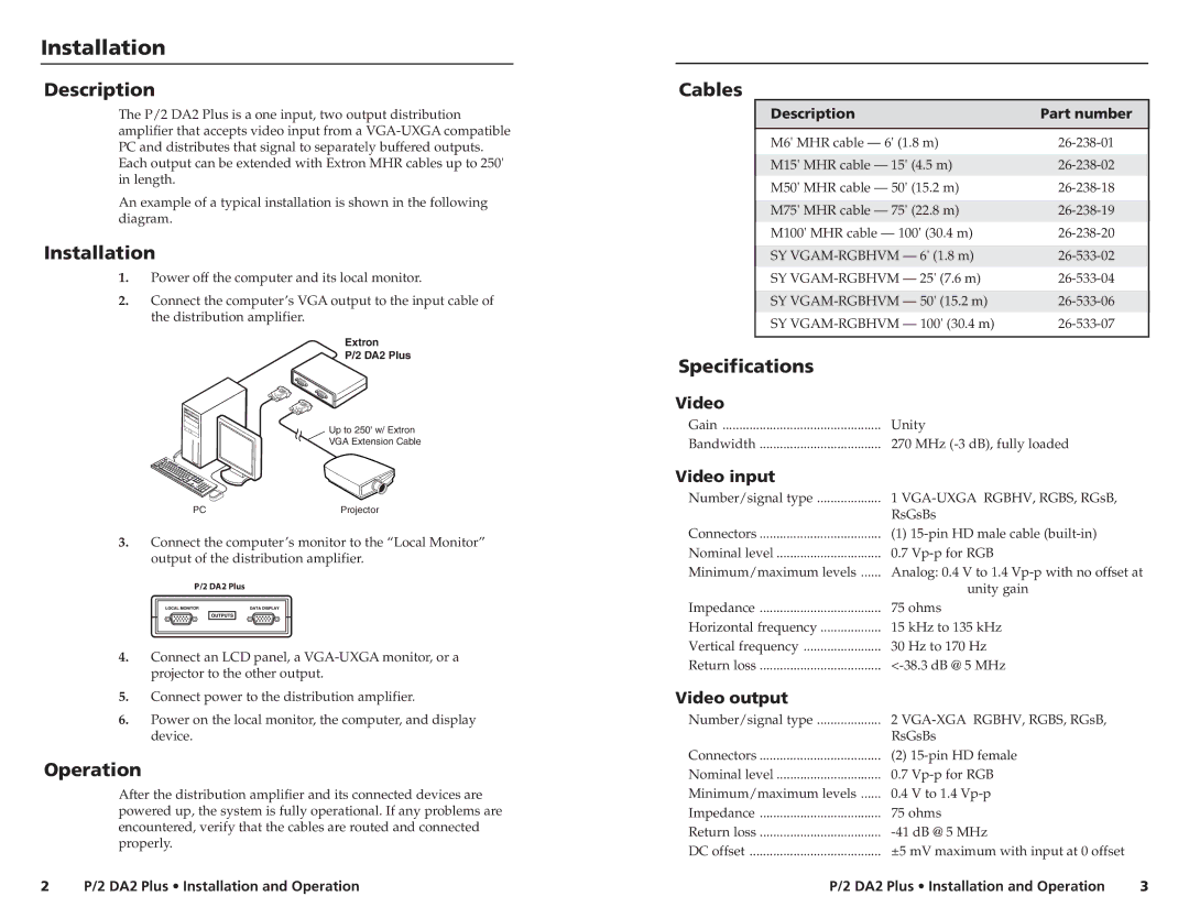 Extron electronic P/2 DA2 PLUS specifications Description, Installation, Operation, Cables, Specifications 