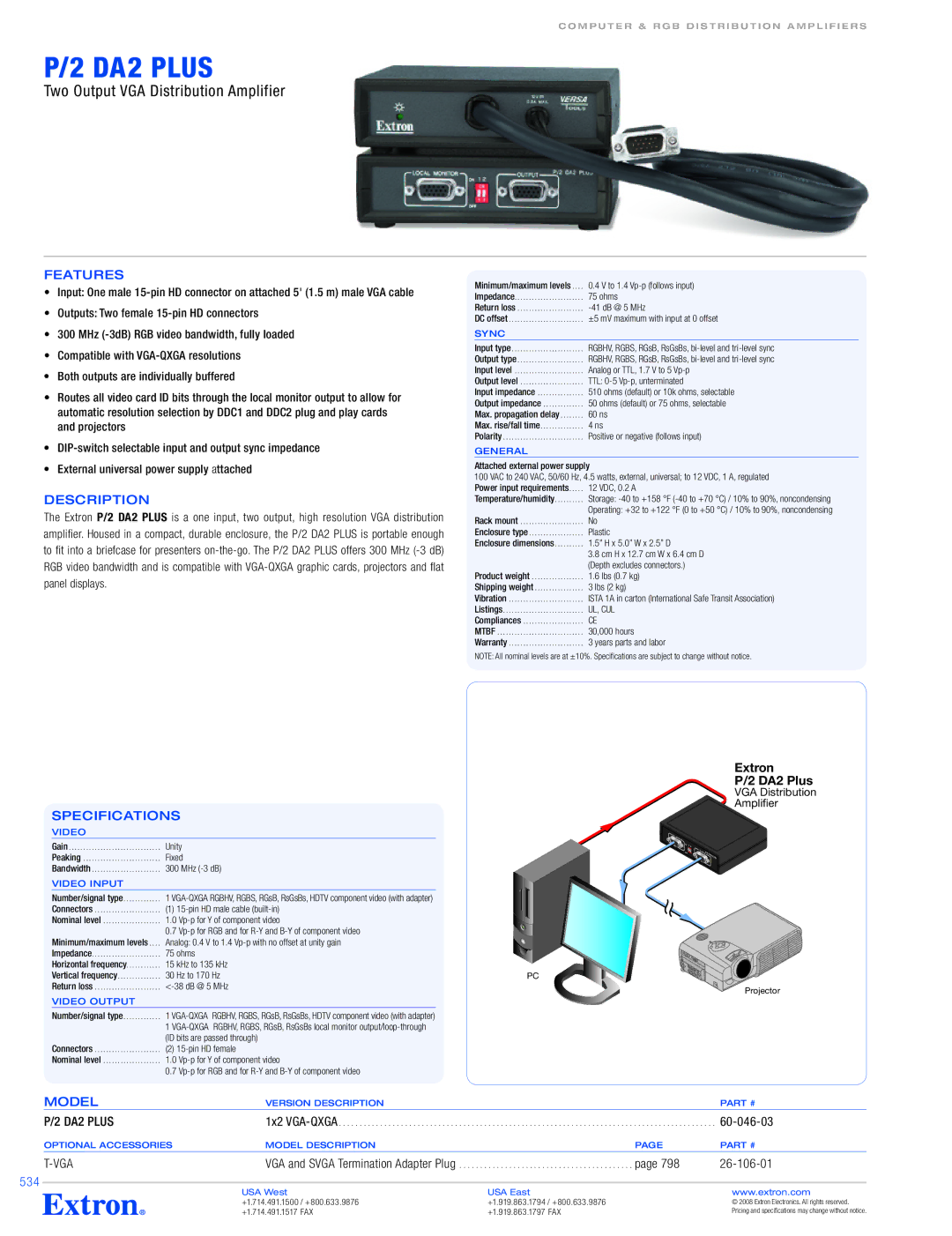 Extron electronic P/2 DA2 PLUS specifications Description, Specifications 