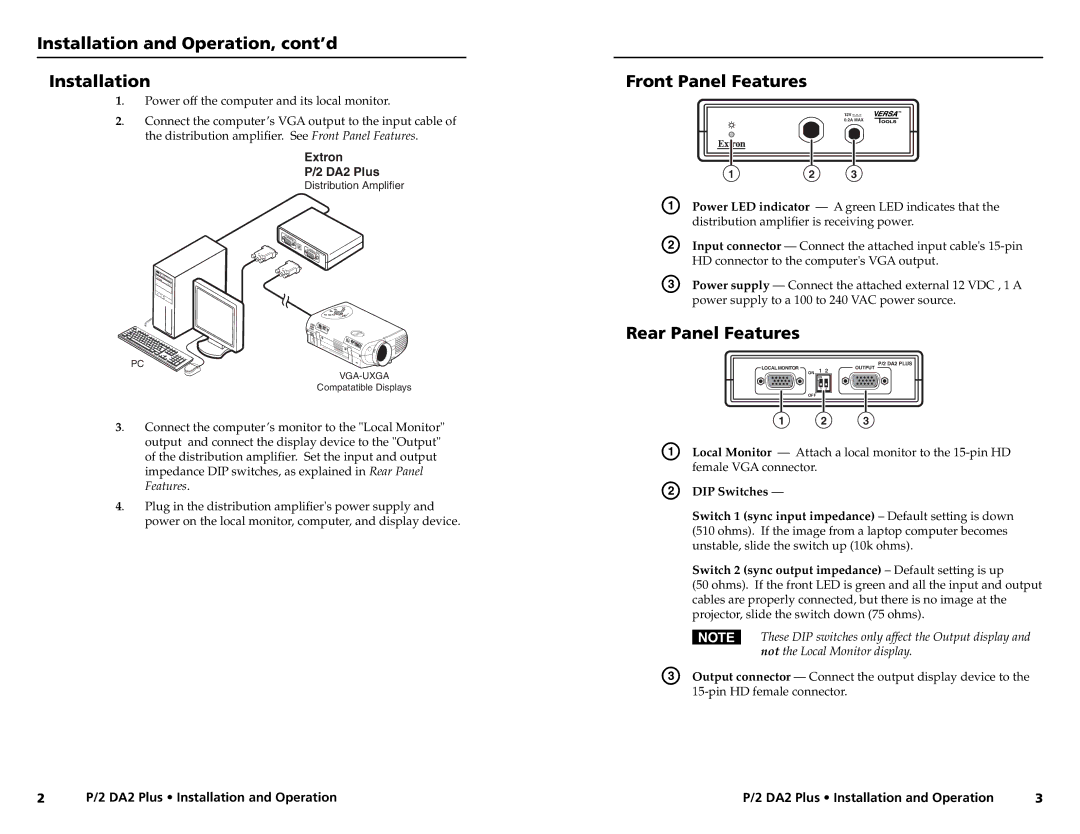 Extron electronic P/2 DA2 PLUS user manual Installation and Operation, cont’d, Front Panel Features, Rear Panel Features 