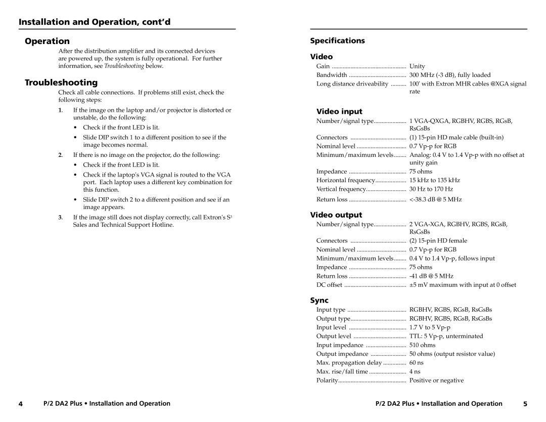 Extron electronic P/2 DA2 PLUS user manual Troubleshooting, Speciﬁcations Video, Video input, Video output, Sync 