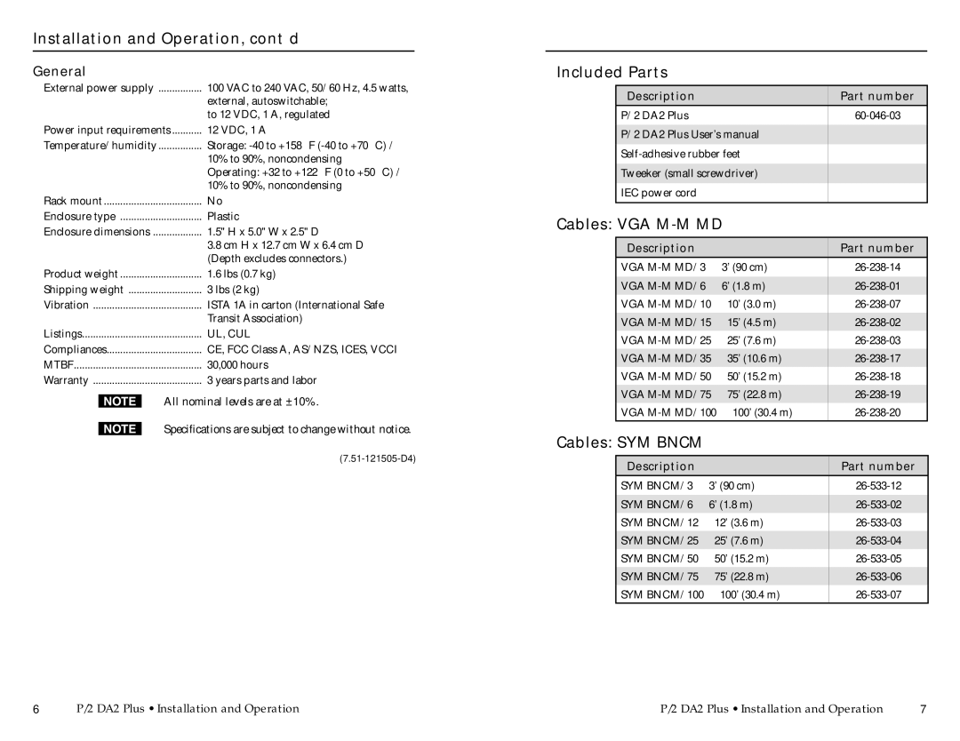 Extron electronic P/2 DA2 PLUS user manual Included Parts, Cables VGA M-M MD, Cables SYM Bncm, General 