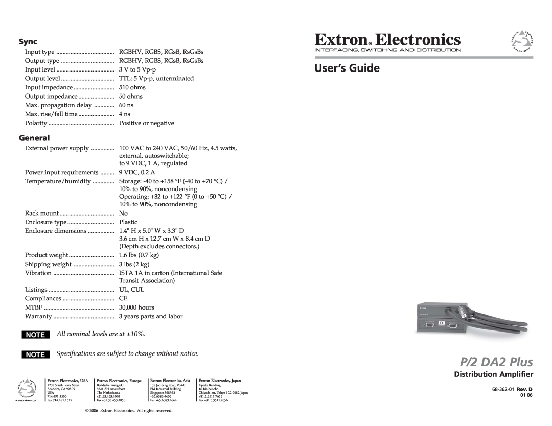 Extron electronic P/2 DA2 PLUS user manual P/2 DA2 Plus, Distribution Ampliﬁer, 68-1237-01 Rev. A, Extron Electronics, USA 
