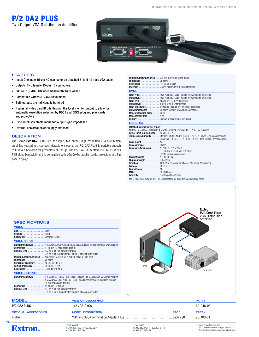 Extron electronic P/2 DA2 PLUS specifications Two Output VGA Distribution Amplifier, Features, Description, Specifications 