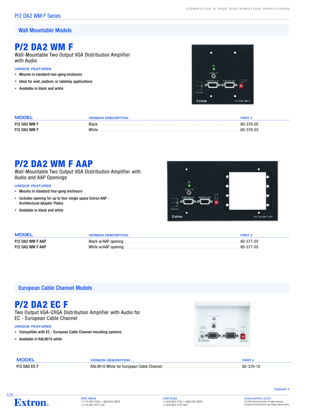 Extron electronic P/2 DA2 AAP P/2 DA2 WM F AAP, P/2 DA2 EC F, P/2 DA2 WM F Series Wall Mountable Models, 60-376-02 