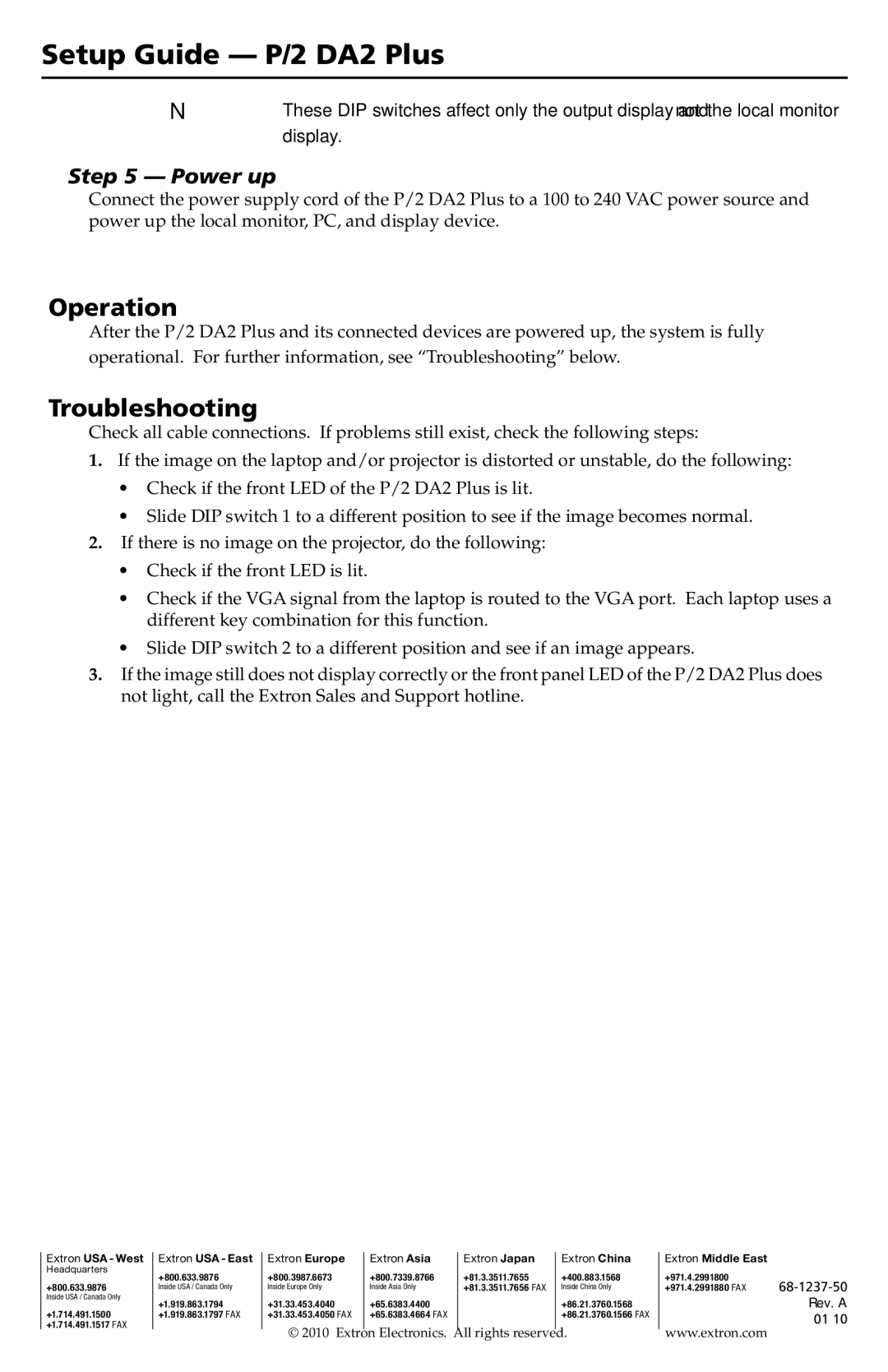 Extron electronic P/2 DA2 setup guide Operation, Troubleshooting, Power up 