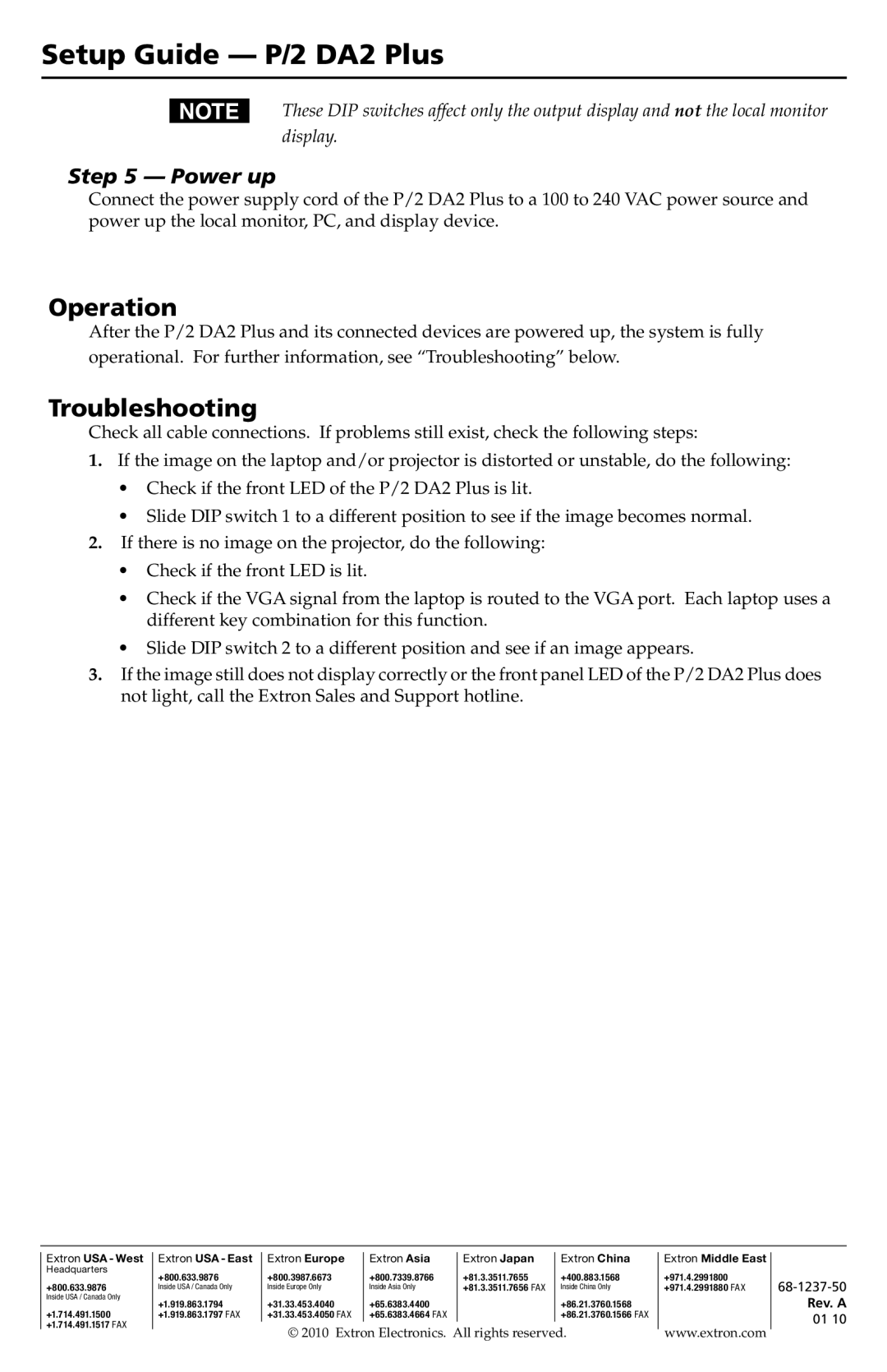 Extron electronic setup guide Operation, Troubleshooting, Power up, Setup Guide -­P/2 DA2 Plus 