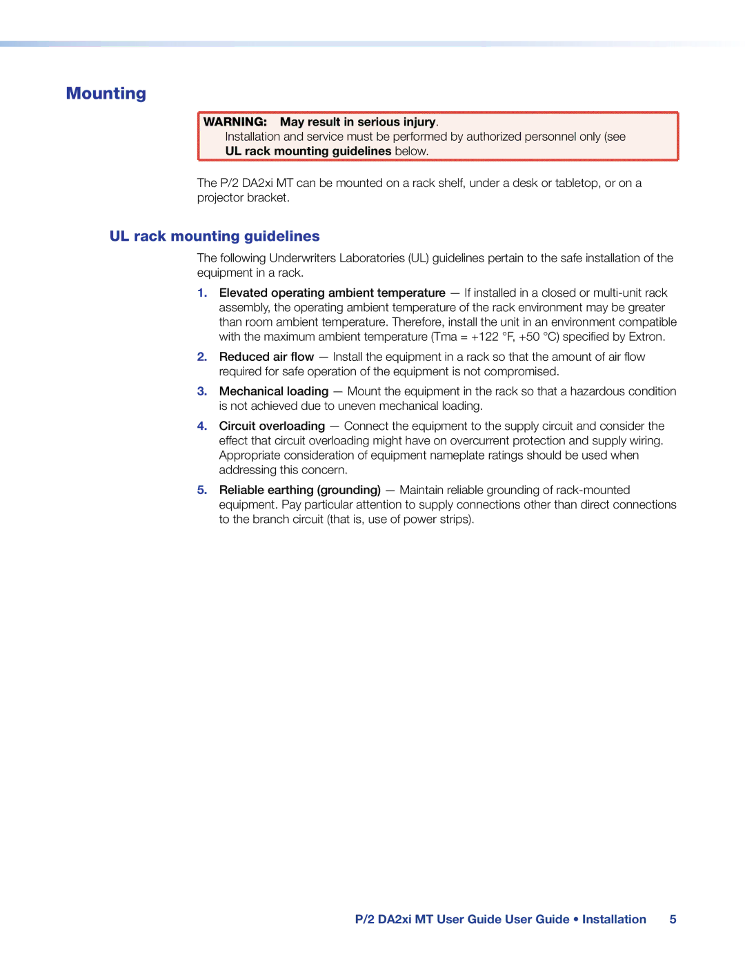 Extron electronic P/2 DA2XI MT, 68-713-01 manual Mounting, UL rack mounting guidelines, UL rack mounting guidelines below 