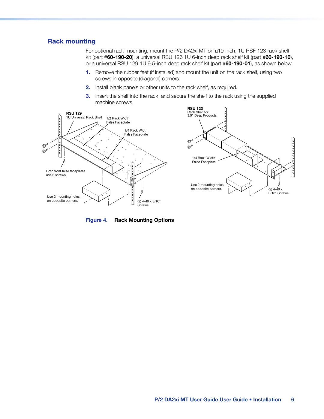 Extron electronic 68-713-01, P/2 DA2XI MT manual Rack mounting, Rack Mounting Options 