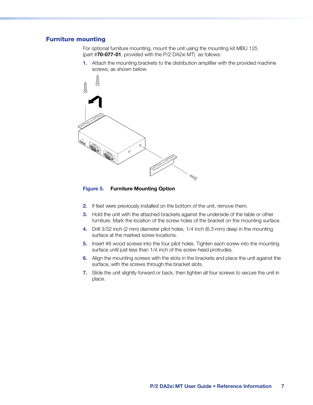 Extron electronic P/2 DA2XI MT, 68-713-01 manual Furniture mounting, Furniture Mounting Option 