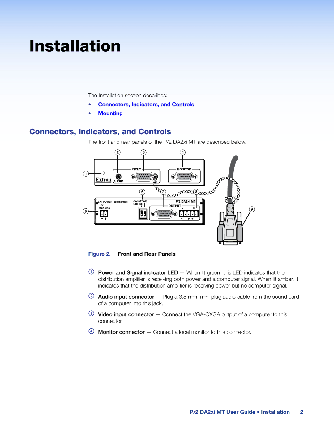 Extron electronic 68-713-01, P/2 DA2XI MT manual Installation, Connectors, Indicators, and Controls 