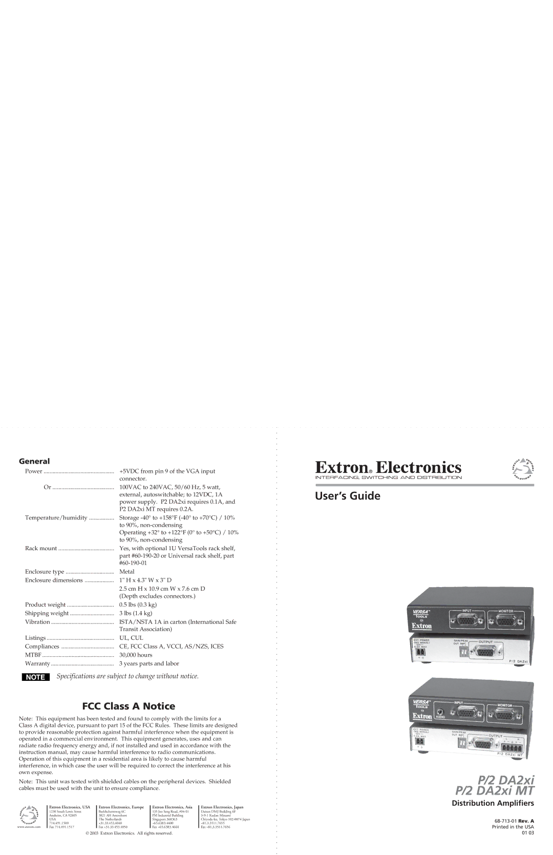 Extron electronic P/2 DA2XI MT specifications FCC Class a Notice, General, Distribution Amplifiers 