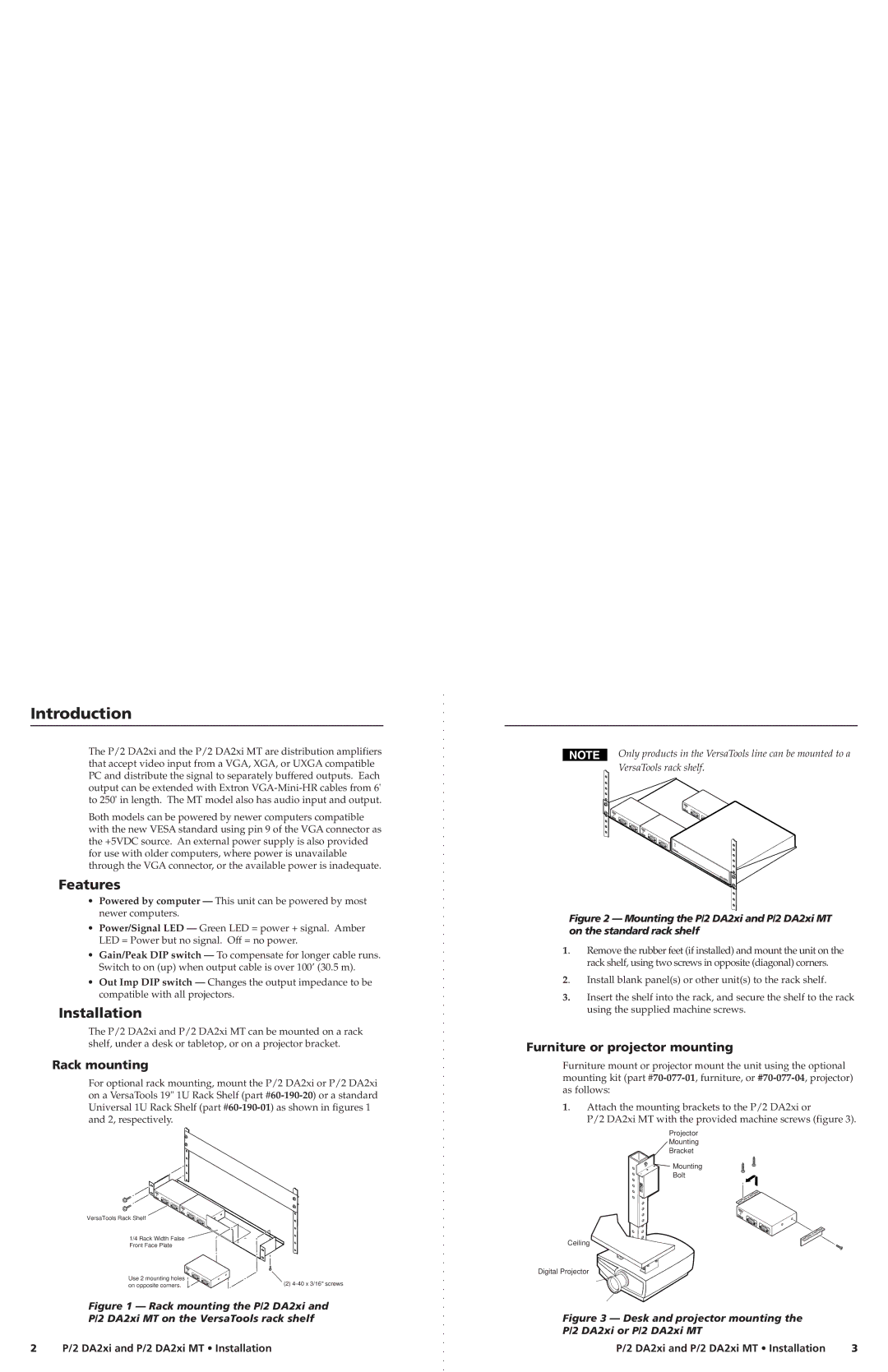 Extron electronic P/2 DA2XI MT Introduction, Features, Installation, Rack mounting, Furniture or projector mounting 