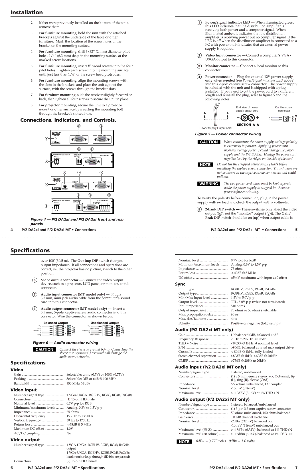 Extron electronic P/2 DA2XI MT specifications Installation, Specifications, Connections, Indicators, and Controls 