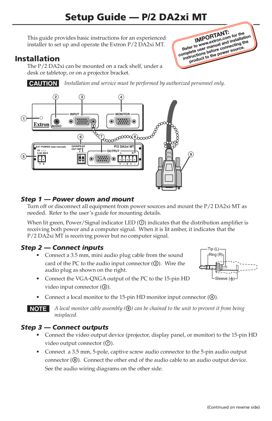 Extron electronic P/2 DA2XI MT setup guide Power down and mount, Connect inputs, Connect outputs 